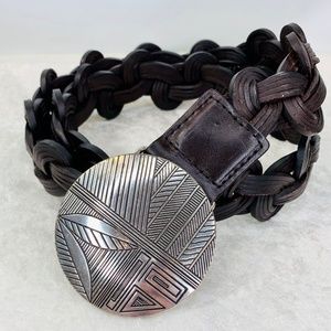 Belt Chico's Dark Brown Leather Belt, Woven Leather with Round Buckle